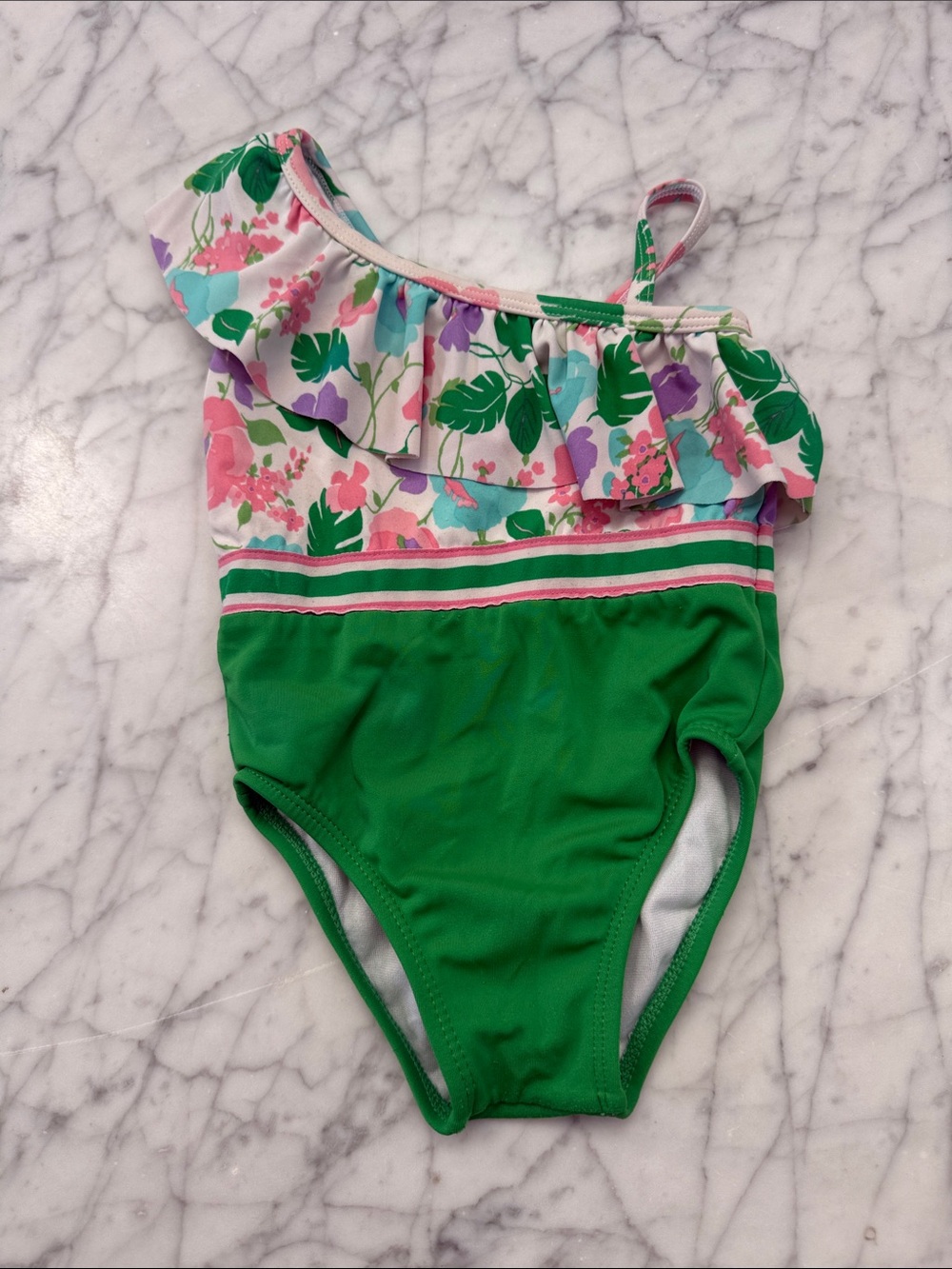 Janie and Jack Sz 12/18 Mo Green Floral One-Shoulder Swimsuit
